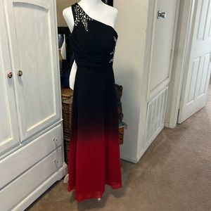 Black and red gradient, one shoulder, beaded floor length gown